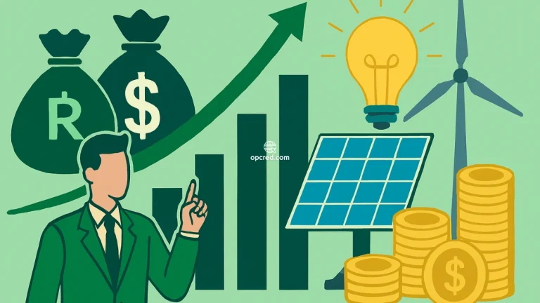 Ilustração de estilo flat mostrando empresário, gráficos de crescimento, fontes de energia renovável e símbolos monetários, representando os benefícios fiscais e econômicos para empresas no mercado livre de energia no Brasil.