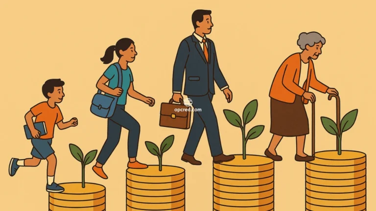 Ilustração de quatro pessoas em diferentes fases da vida sobre pilhas de moedas com plantas crescendo, representando os desafios financeiros ao longo da vida.