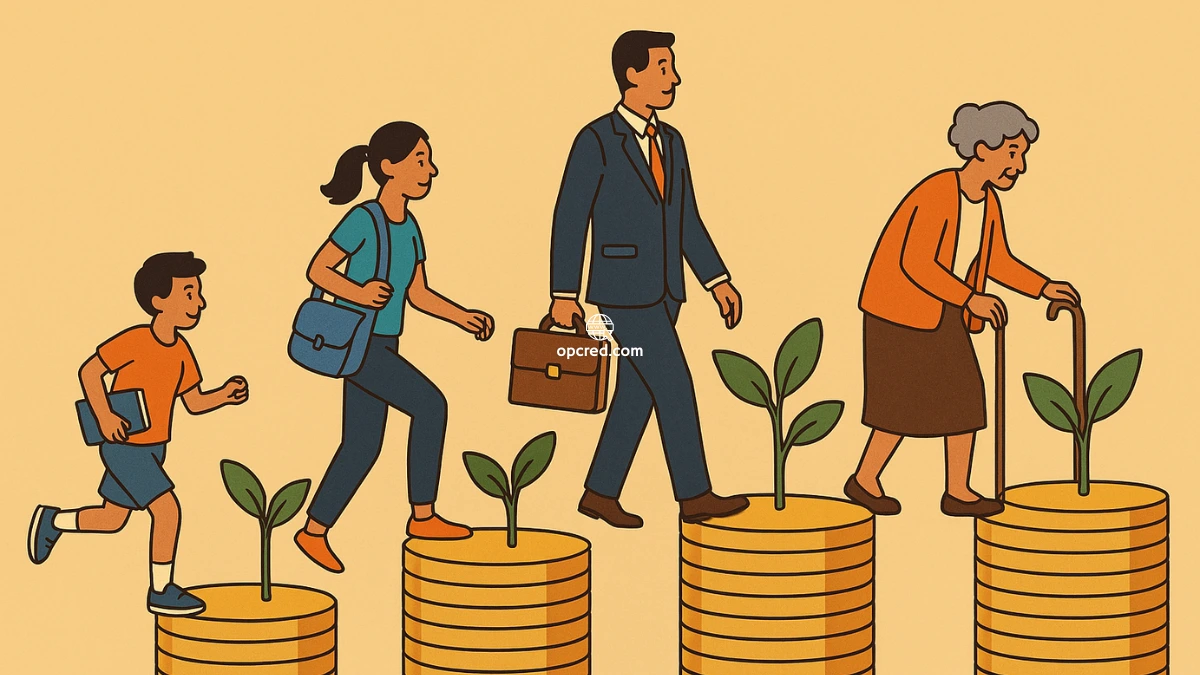 Ilustração de quatro pessoas em diferentes fases da vida sobre pilhas de moedas com plantas crescendo, representando os desafios financeiros ao longo da vida.
