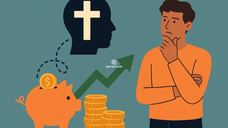 Ilustração de um homem pensativo observando símbolos que representam crenças religiosas e hábitos financeiros, como uma cruz cristã, um cofrinho e moedas empilhadas, com fundo uniforme em tom verde-azulado.