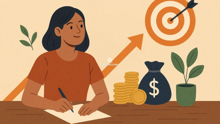 Mulher brasileira escrevendo metas financeiras em papel, com elementos visuais de crescimento e objetivos ao fundo.