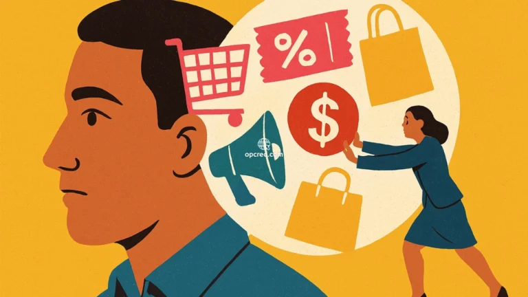Ilustração de uma mulher de negócios influenciando as decisões de compra de um homem por meio de ícones de consumo como carrinho de compras, cupons e megafone.