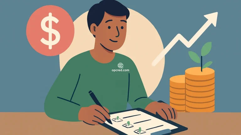 Pessoa preenchendo checklist de metas financeiras com ícones de dinheiro, crescimento e investimentos ao fundo.