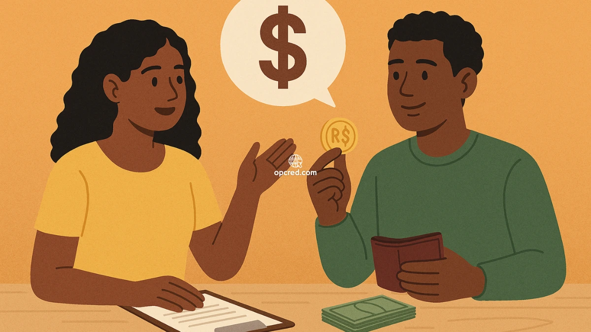 Casal afro-brasileiro conversando sobre finanças de forma harmoniosa em ambiente acolhedor.