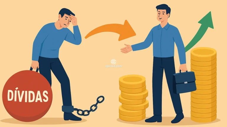 Homem libertando-se de uma bola de dívidas e caminhando em direção a uma pilha de moedas representando investimento, com fundo uniforme em estilo flat.