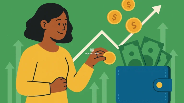 Mulher brasileira colocando moeda em carteira azul cheia de dinheiro, com gráficos de crescimento ao fundo, representando uso inteligente de aumentos salariais.