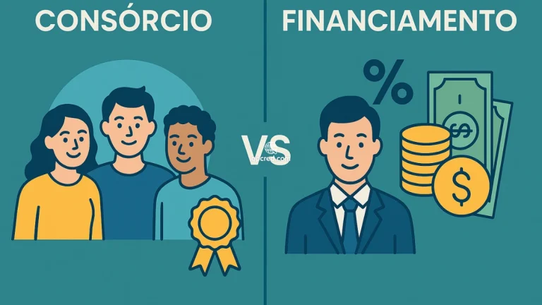 Ilustração representando a diferença entre consórcio e financiamento, com elementos visuais que simbolizam colaboração em grupo e crédito bancário individual.