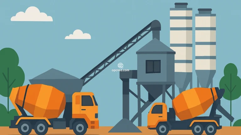 Ilustração de betoneiras e usina de concreto em operação, representando colaboração no setor de construção civil