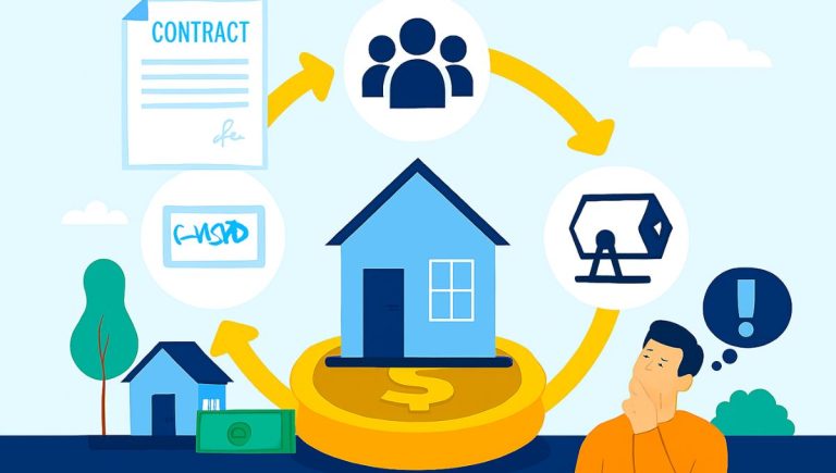 Ilustração explicativa de consórcio de imóvel com ícones de contrato, grupo, sorteio e dinheiro em torno de uma casa.