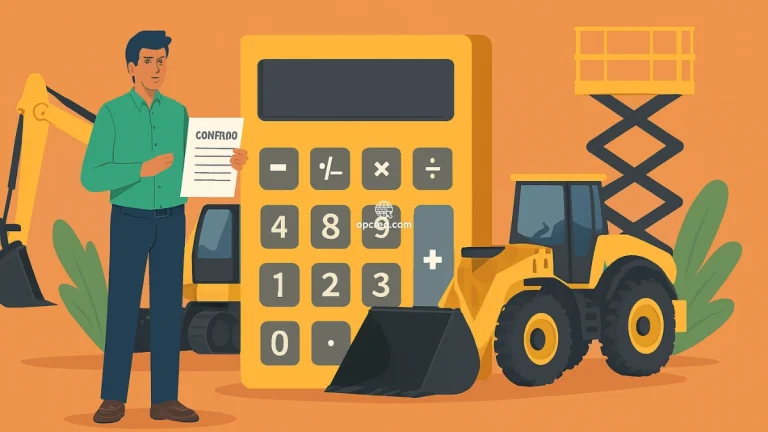 Ilustração de um homem segurando um contrato ao lado de uma calculadora e máquinas pesadas como escavadeira, carregadeira e plataforma elevatória, representando o conceito de consórcio de máquinas e equipamentos.