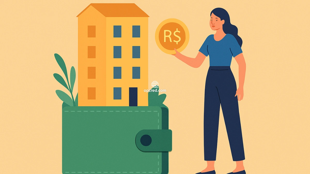 Ilustração de uma mulher segurando uma moeda com símbolo do real ao lado de um prédio residencial saindo de uma carteira verde, representando o conceito de consórcio de apartamento no Brasil.