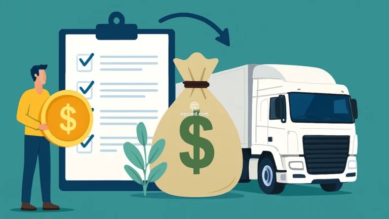 Ilustração de caminhão moderno com elementos financeiros como moeda brasileira e checklist, representando consórcio de caminhões como solução sem juros para transportadoras no Brasil.