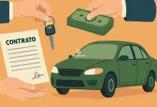 Ilustração de uma transação financeira envolvendo um carro usado, com contrato, dinheiro e chave sendo entregues, representando o processo de consórcio no Brasil.