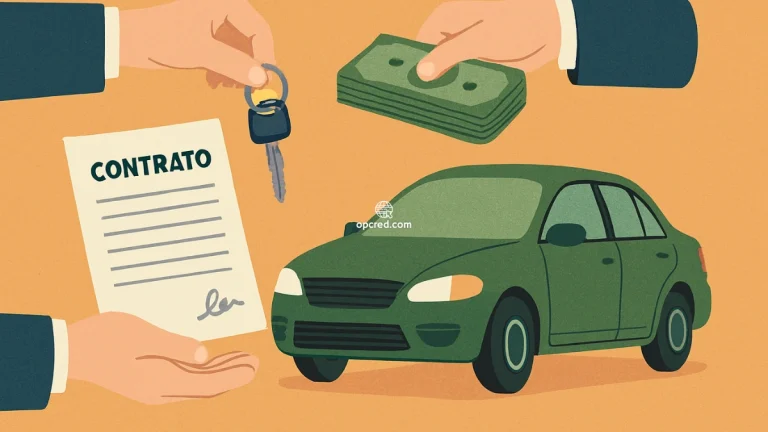 Ilustração de uma transação financeira envolvendo um carro usado, com contrato, dinheiro e chave sendo entregues, representando o processo de consórcio no Brasil.