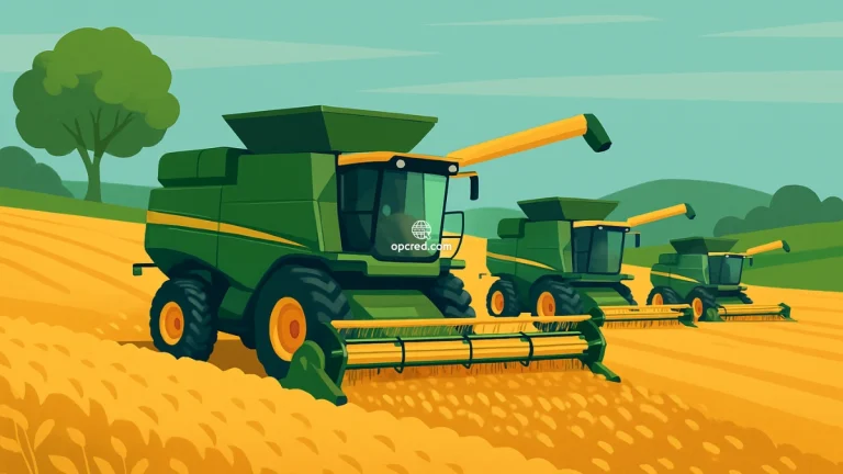 Três colheitadeiras trabalhando em conjunto em uma plantação de grãos sob céu azul, representando o conceito de consórcio agrícola no Brasil.