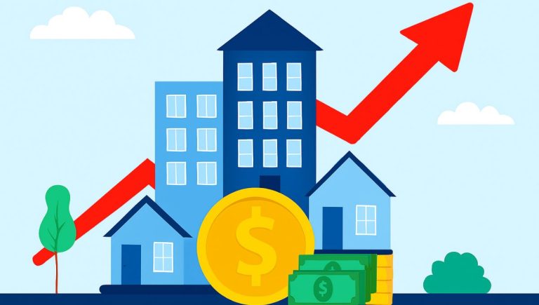 Ilustração de imóveis sobre uma moeda dourada com seta vermelha apontando para cima, simbolizando valorização e retorno financeiro.