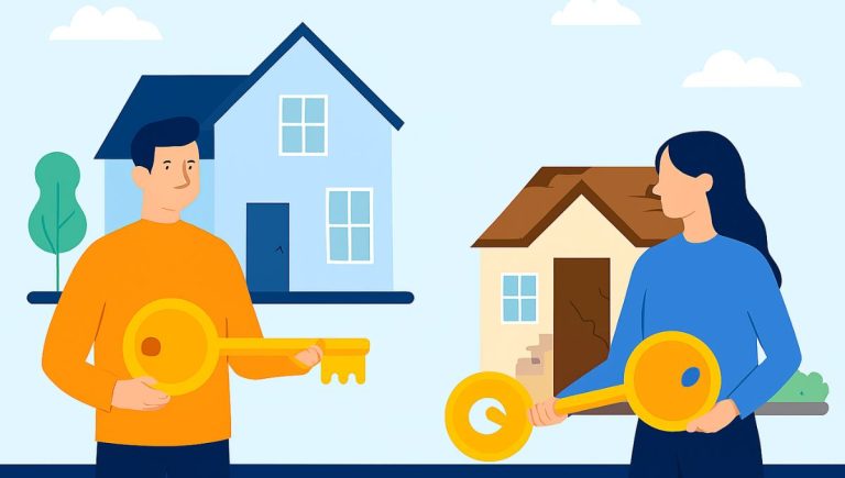Ilustração de duas pessoas segurando chaves douradas em frente a uma casa nova e outra usada, simbolizando opções de consórcio imobiliário.