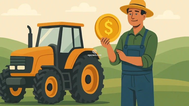 Ilustração de produtor rural brasileiro ao lado de trator moderno em paisagem agrícola, simbolizando economia colaborativa através de consórcio de tratores.