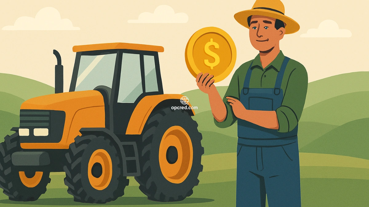 Ilustração de produtor rural brasileiro ao lado de trator moderno em paisagem agrícola, simbolizando economia colaborativa através de consórcio de tratores.
