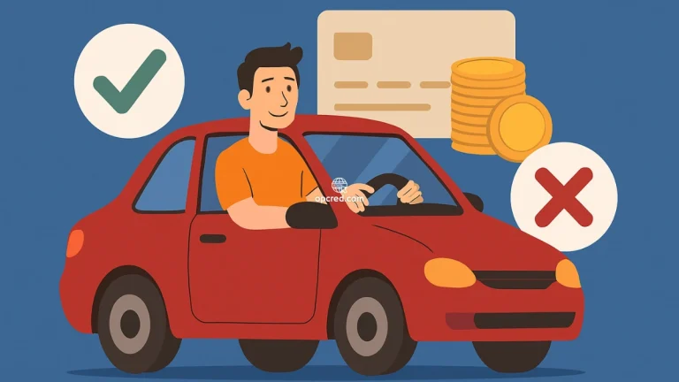 Ilustração de um homem sorridente dirigindo um carro vermelho, com ícones de vantagens e desvantagens ao redor, representando o conceito de consórcio de veículo.