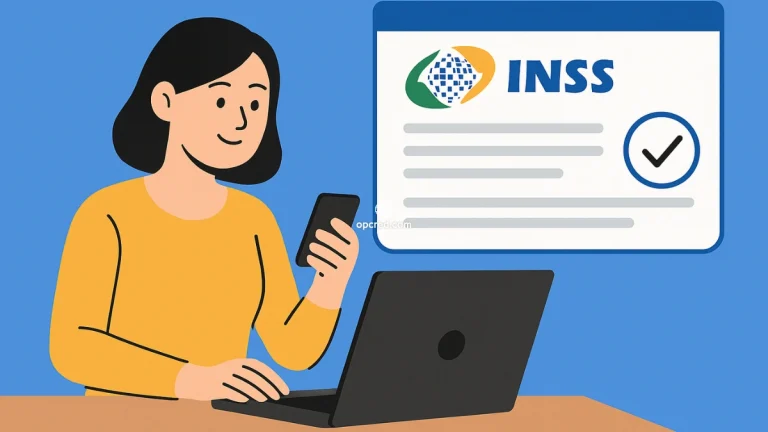 Mulher brasileira usando laptop e celular para consultar pedidos no site Meu INSS, com ilustração digital em estilo flat sobre fundo azul uniforme.