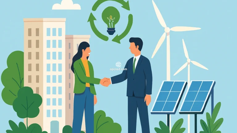 Ilustração de cooperativa de energia em condomínio residencial com painéis solares, turbina eólica e moradores em colaboração sustentável