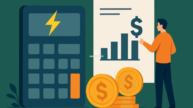 Ilustração de um homem analisando custos de migração para o mercado livre de energia, com elementos visuais como calculadora, gráfico de barras e moedas sobre fundo verde uniforme.