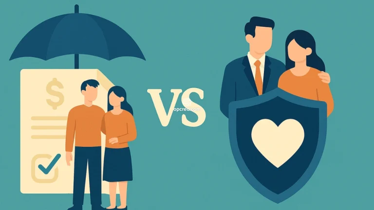 Ilustração comparativa entre seguro prestamista e seguro de vida, com personagens protegidos por guarda-chuva e escudo, sobre fundo uniforme em estilo flat.