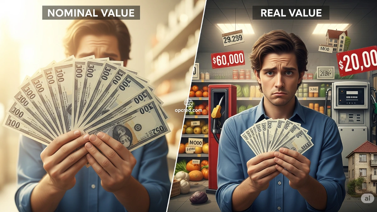 Uma imagem dividida que ilustra a diferença entre o valor nominal e o valor real do dinheiro, mostrando a diminuição do poder de compra devido à inflação.