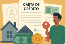 Ilustração de um homem segurando uma chave e uma carta de crédito, com documentos, casa e dinheiro ao fundo, representando os requisitos para utilizar uma carta de crédito no Brasil.