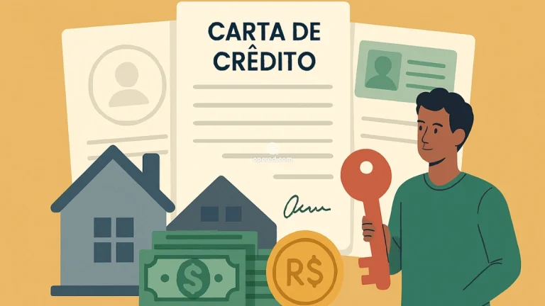 Ilustração de um homem segurando uma chave e uma carta de crédito, com documentos, casa e dinheiro ao fundo, representando os requisitos para utilizar uma carta de crédito no Brasil.