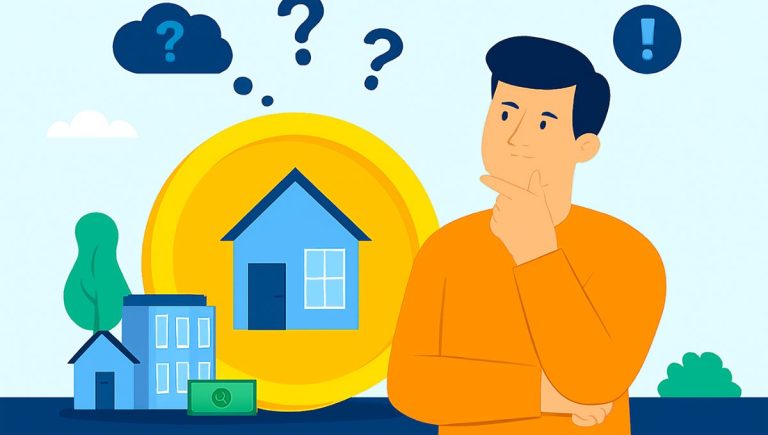 Ilustração de uma pessoa pensativa diante de uma casa representada em uma moeda dourada, com ícones de interrogação e dúvida.