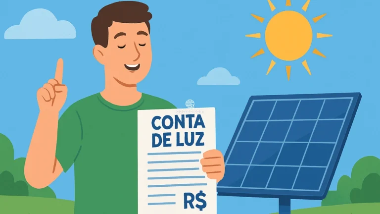 Homem sorridente segura conta de luz ao lado de painel solar sob céu azul, simbolizando economia de energia com geração própria no Brasil.