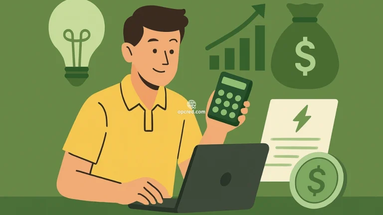 Ilustração de um homem brasileiro usando laptop e calculadora, com ícones de economia, energia e crescimento financeiro sobre fundo verde uniforme.