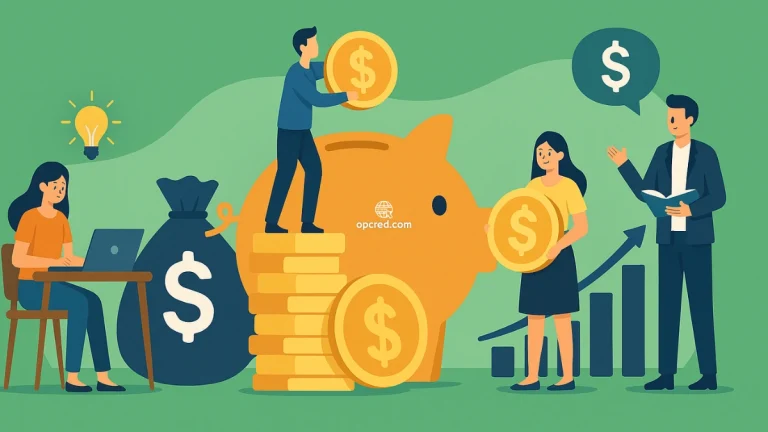 Ilustração digital representando educação financeira com personagens interagindo com símbolos como cofrinho, moedas e gráfico de crescimento, sobre fundo verde uniforme.