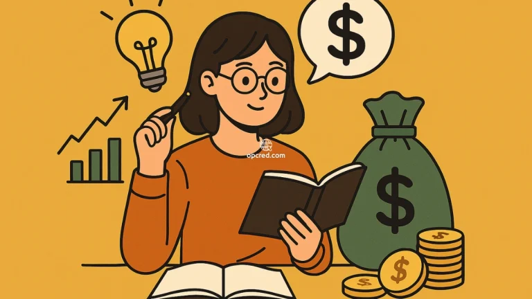 Ilustração de uma jovem brasileira estudando finanças pessoais com símbolos de dinheiro, gráficos e ideias sobre educação financeira em fundo amarelo uniforme.