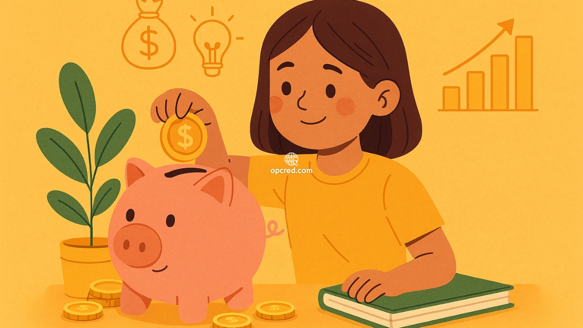 Menina sorridente colocando moeda em cofrinho rosa, representando educação financeira infantil.