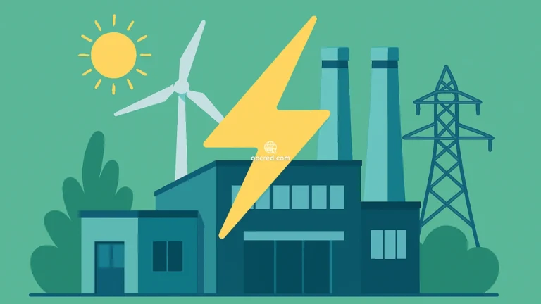 Ilustração de uma fábrica de médio porte em cenário sustentável com turbina eólica, torre de energia e raio amarelo, representando o mercado livre de energia no Brasil.