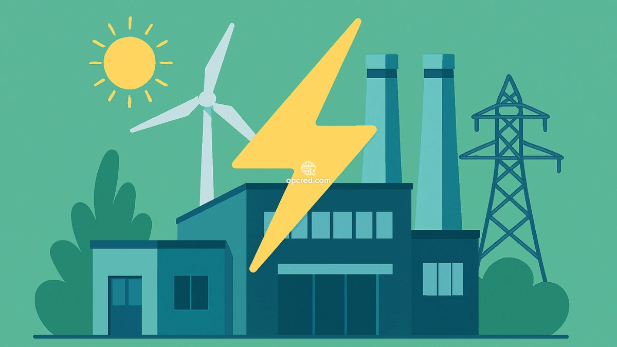 Ilustração de uma fábrica de médio porte em cenário sustentável com turbina eólica, torre de energia e raio amarelo, representando o mercado livre de energia no Brasil.