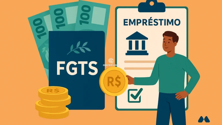 Ilustração digital representando um homem segurando uma moeda ao lado de elementos visuais do FGTS, dinheiro brasileiro e um formulário de empréstimo, com fundo laranja uniforme.