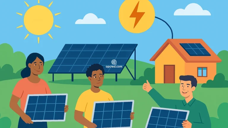 Ilustração de brasileiros utilizando painéis solares em um cenário colaborativo com fazenda solar e residência, representando o conceito de energia solar compartilhada no Brasil.