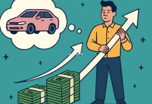 Ilustração de um homem segurando uma seta apontando para um carro dentro de um balão de pensamento, com pilhas de dinheiro ao lado, representando estratégias para ser contemplado rapidamente em um consórcio.