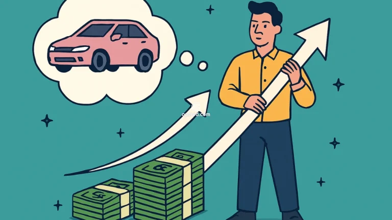 Ilustração de um homem segurando uma seta apontando para um carro dentro de um balão de pensamento, com pilhas de dinheiro ao lado, representando estratégias para ser contemplado rapidamente em um consórcio.