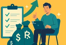 Ilustração de um homem feliz usando laptop com ícones de crescimento financeiro e sacos de dinheiro, representando estratégias para aumentar as chances de contemplação em consórcios.