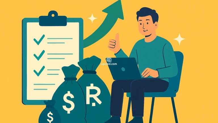 Ilustração de um homem feliz usando laptop com ícones de crescimento financeiro e sacos de dinheiro, representando estratégias para aumentar as chances de contemplação em consórcios.