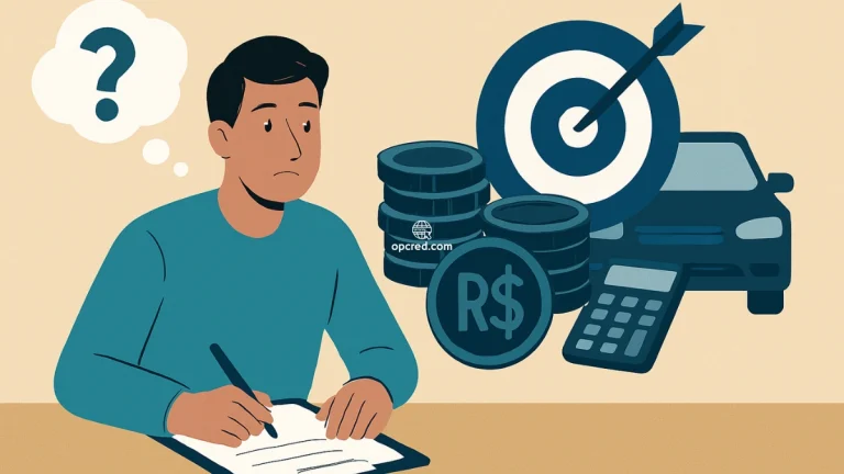 Ilustração de um consultor financeiro brasileiro analisando estratégias de lance para consórcio, com ícones de carro, moedas em real, calculadora e alvo com flecha sobre fundo bege uniforme.