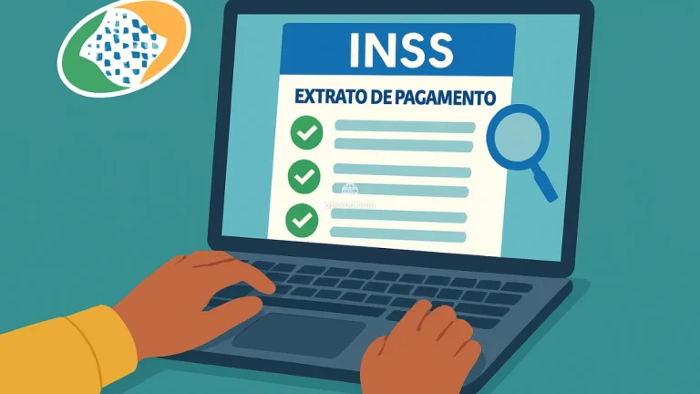 Pessoa acessando o extrato de pagamento do INSS online pelo computador, com interface digital e ícones de verificação.