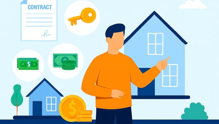 Ilustração de um homem apresentando elementos de financiamento imobiliário, como contrato, chave e dinheiro, com uma casa ao fundo.
