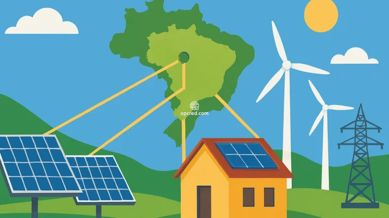Ilustração de fontes renováveis de energia no Brasil, com painéis solares, turbinas eólicas, casa com energia solar e mapa do Brasil conectado por linhas de distribuição.