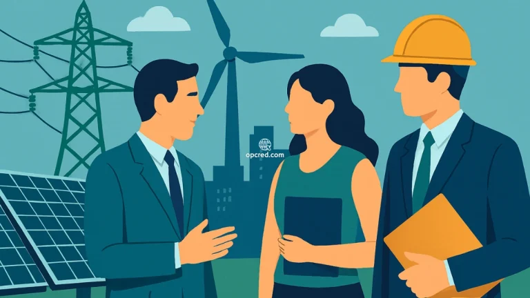 Ilustração de profissionais brasileiros discutindo estratégias energéticas diante de fontes renováveis como turbinas eólicas, painéis solares e torres de transmissão, representando grandes consumidores no mercado livre de energia.